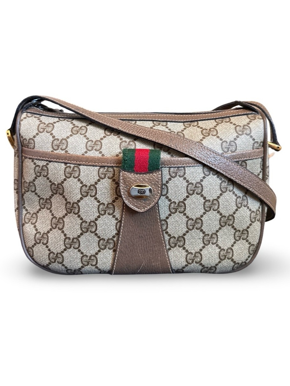 Vintage Gucci Ophidia GG Supreme Web Stripe Shoulder Bag Brown Leather